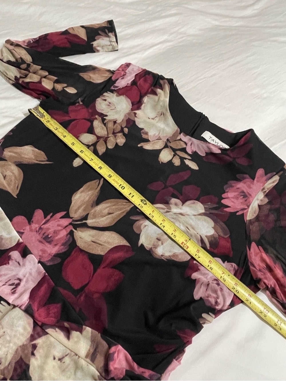Taylor Floral Mesh Ruched Midi Dress 16W Black Pink Long Sleeve Plus - Picture 8 of 14